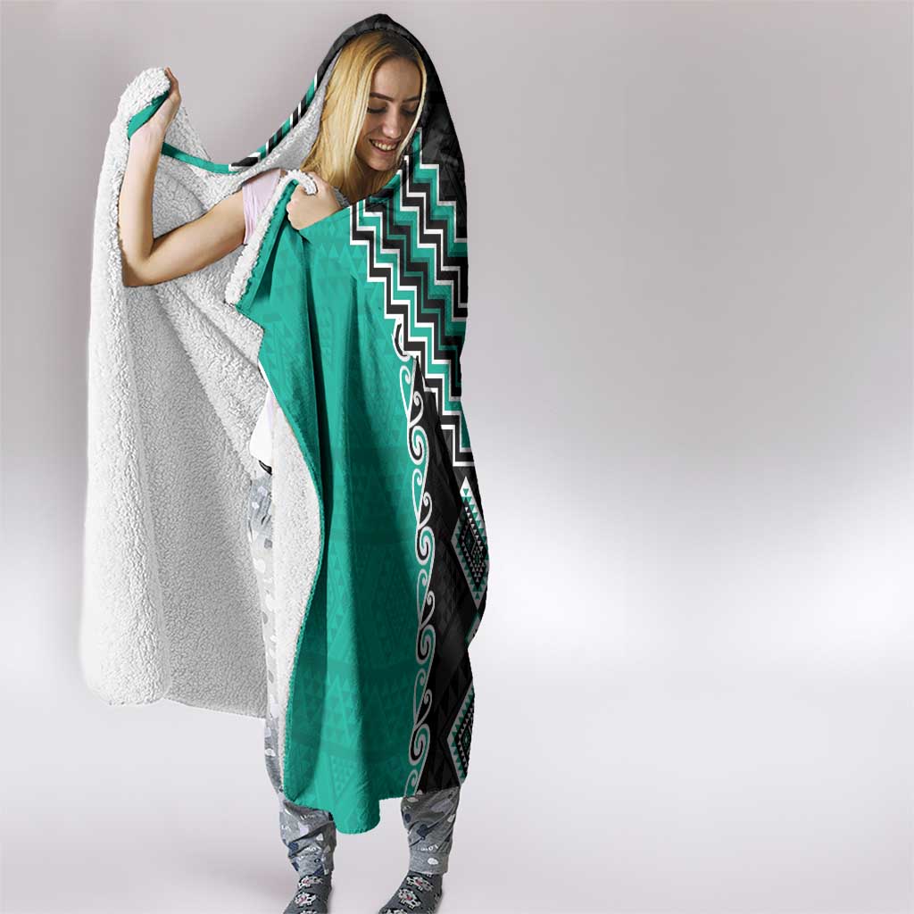 Teal Niho Taniwha Mix Poutama Hooded Blanket Unique Taniko Aotearoa