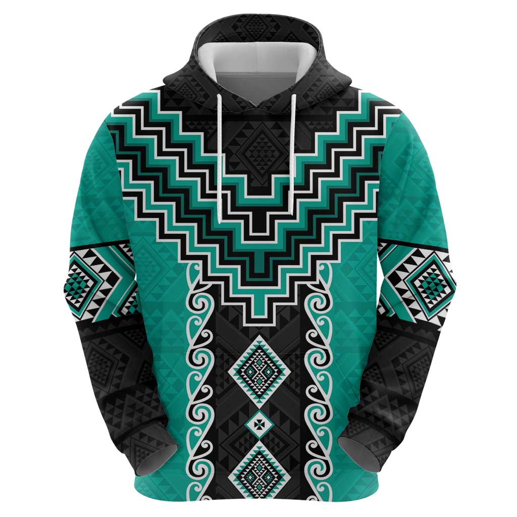 Teal Niho Taniwha Mix Poutama Hoodie Unique Taniko Aotearoa