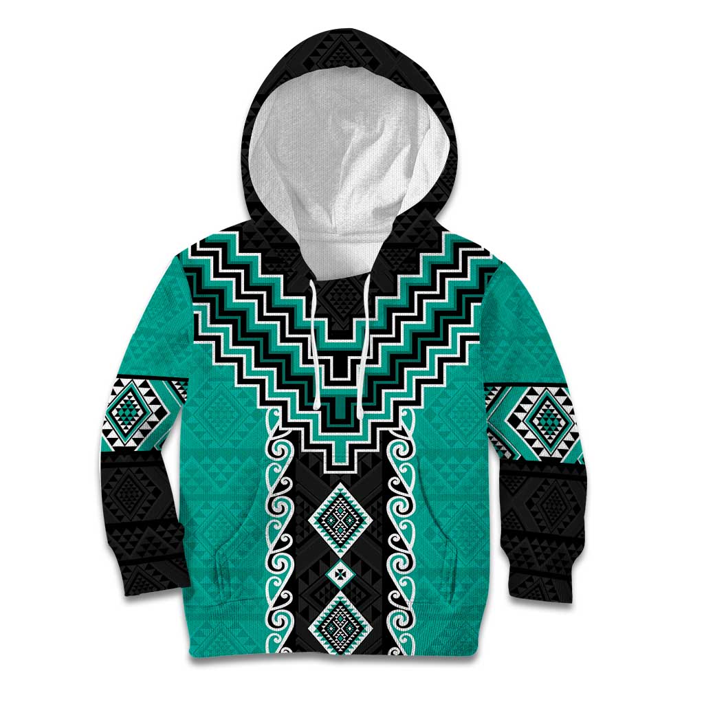 Teal Niho Taniwha Mix Poutama Kid Hoodie Unique Taniko Aotearoa LT01 Hoodie Teal - Polynesian Pride