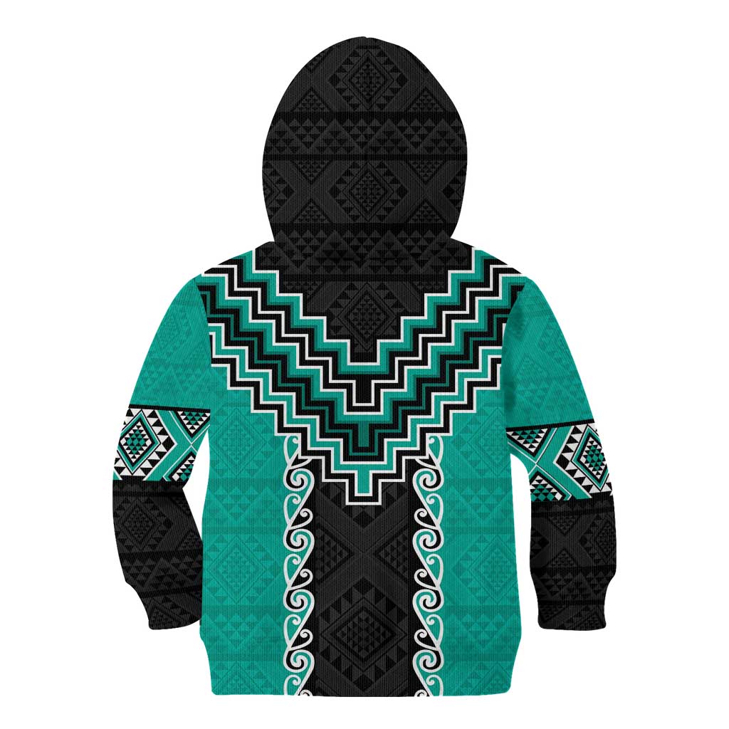 Teal Niho Taniwha Mix Poutama Kid Hoodie Unique Taniko Aotearoa LT01 - Polynesian Pride