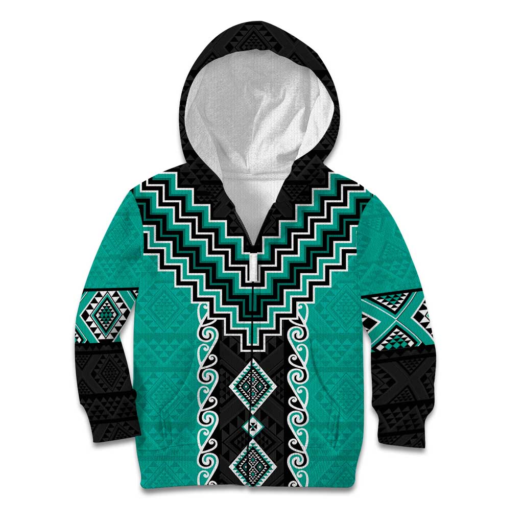 Teal Niho Taniwha Mix Poutama Kid Hoodie Unique Taniko Aotearoa LT01 Zip Hoodie Teal - Polynesian Pride