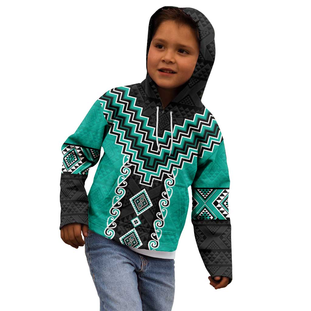 Teal Niho Taniwha Mix Poutama Kid Hoodie Unique Taniko Aotearoa LT01 - Polynesian Pride