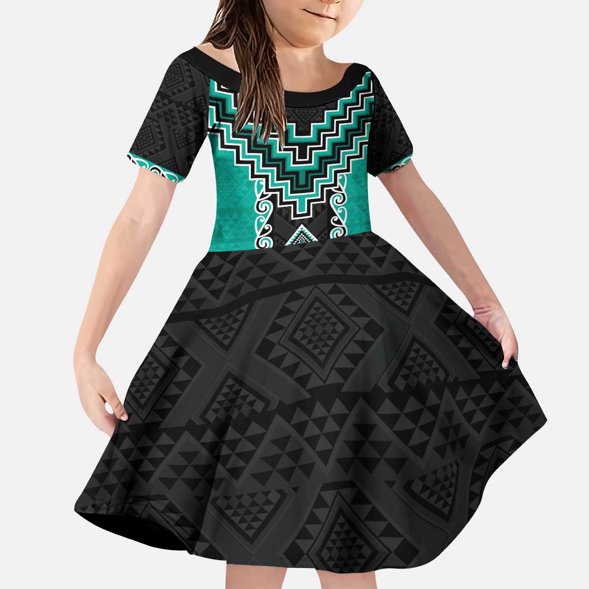 Teal Niho Taniwha Mix Poutama Kid Short Sleeve Dress Unique Taniko Aotearoa