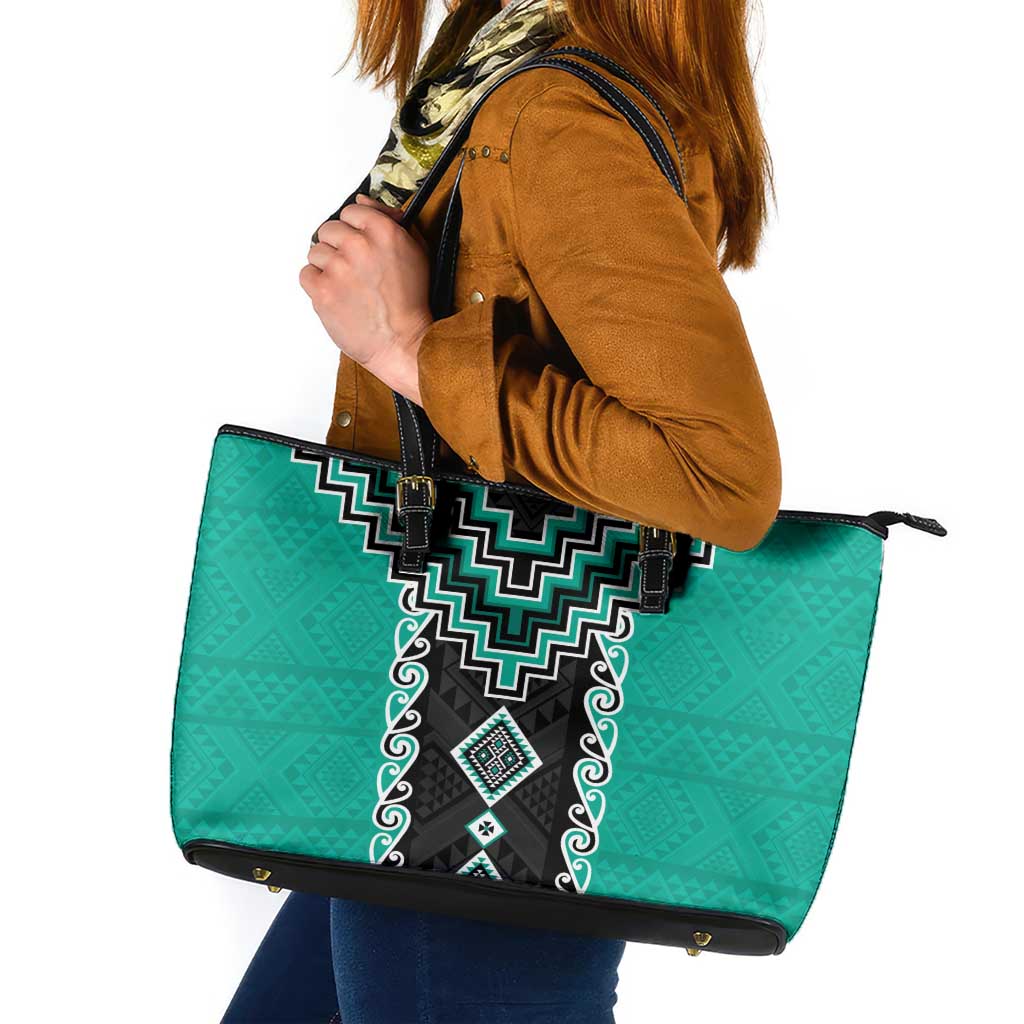 Teal Niho Taniwha Mix Poutama Leather Tote Bag Unique Taniko Aotearoa