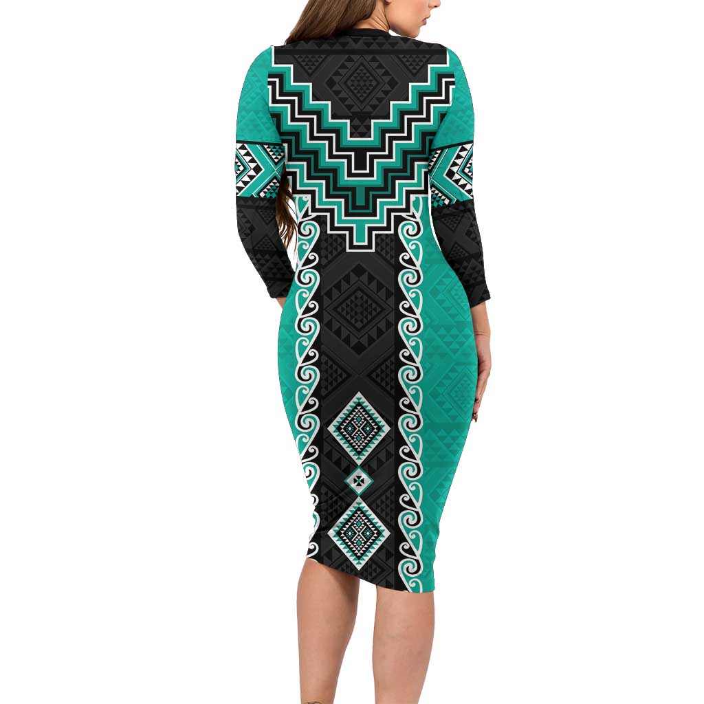 Teal Niho Taniwha Mix Poutama Long Sleeve Bodycon Dress Unique Taniko Aotearoa