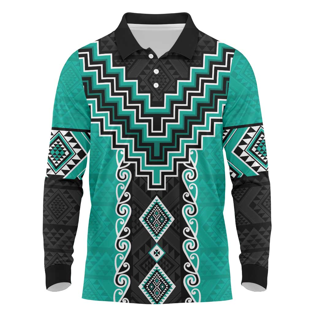 Teal Niho Taniwha Mix Poutama Long Sleeve Polo Shirt Unique Taniko Aotearoa LT01 Teal - Polynesian Pride