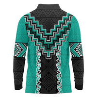 Teal Niho Taniwha Mix Poutama Long Sleeve Polo Shirt Unique Taniko Aotearoa