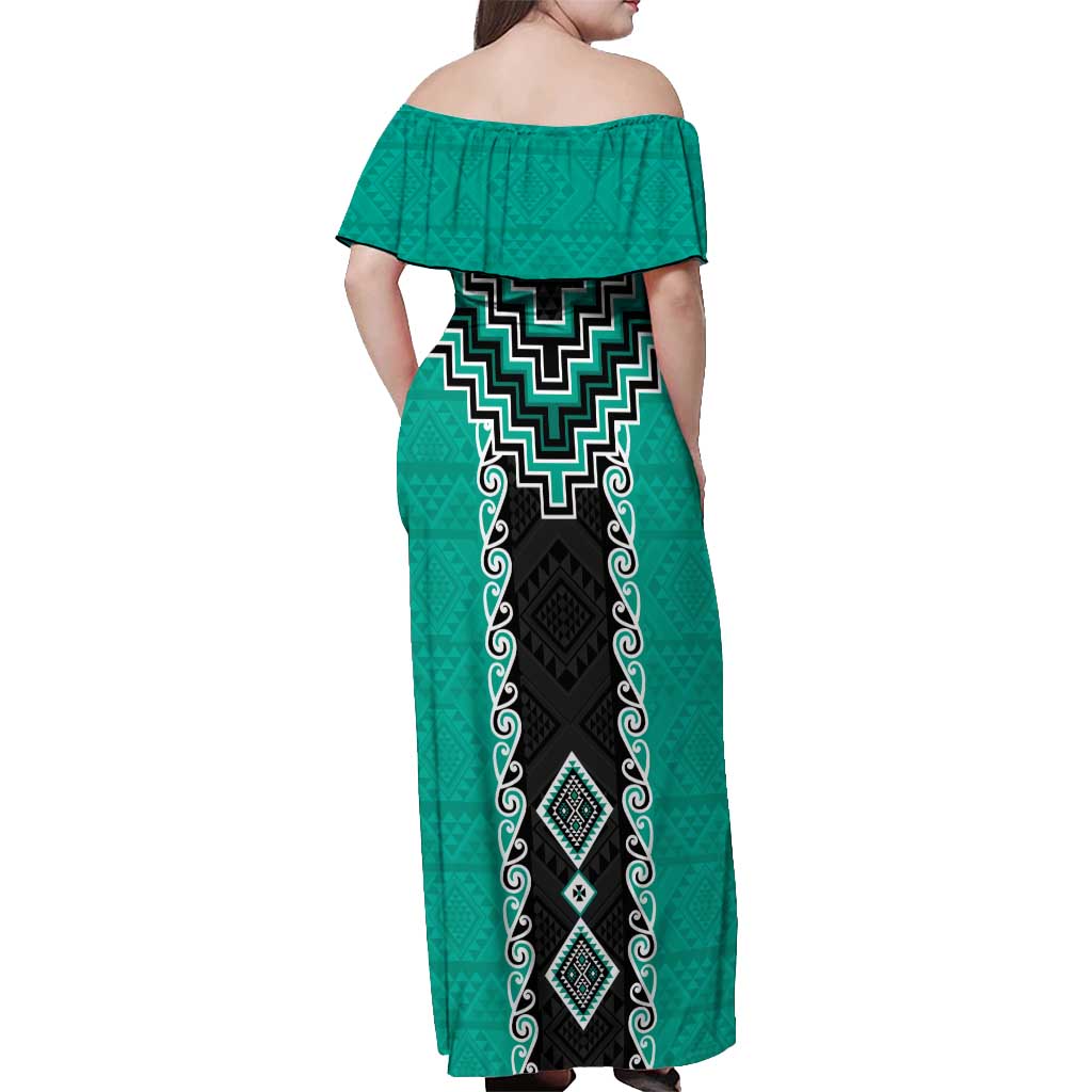 Teal Niho Taniwha Mix Poutama Off Shoulder Maxi Dress Unique Taniko Aotearoa