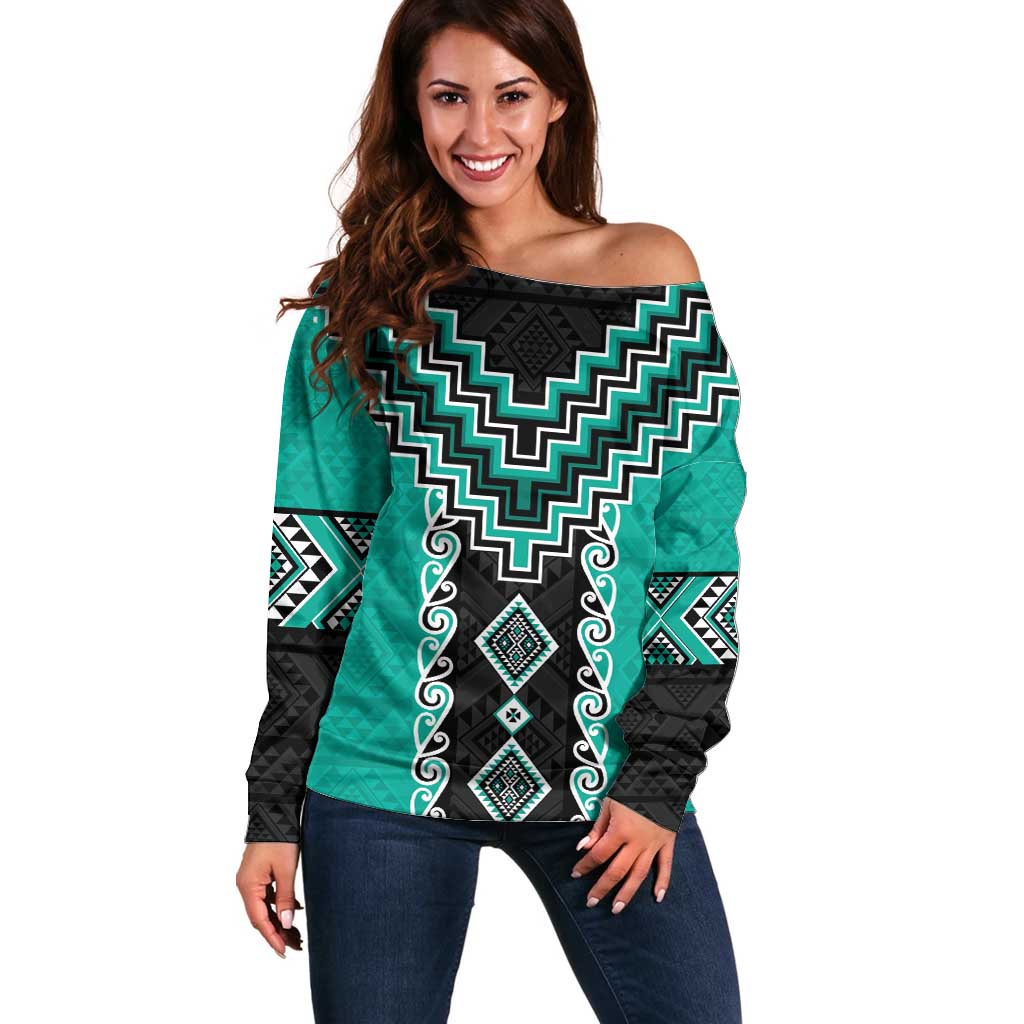 Teal Niho Taniwha Mix Poutama Off Shoulder Sweater Unique Taniko Aotearoa