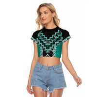 Teal Niho Taniwha Mix Poutama Raglan Cropped T Shirt Unique Taniko Aotearoa LT01 Female Teal - Polynesian Pride