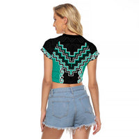 Teal Niho Taniwha Mix Poutama Raglan Cropped T Shirt Unique Taniko Aotearoa LT01 - Polynesian Pride