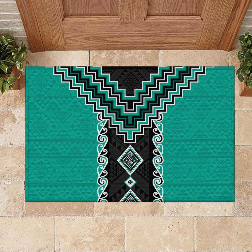 Teal Niho Taniwha Mix Poutama Rubber Doormat Unique Taniko Aotearoa LT01 Teal - Polynesian Pride