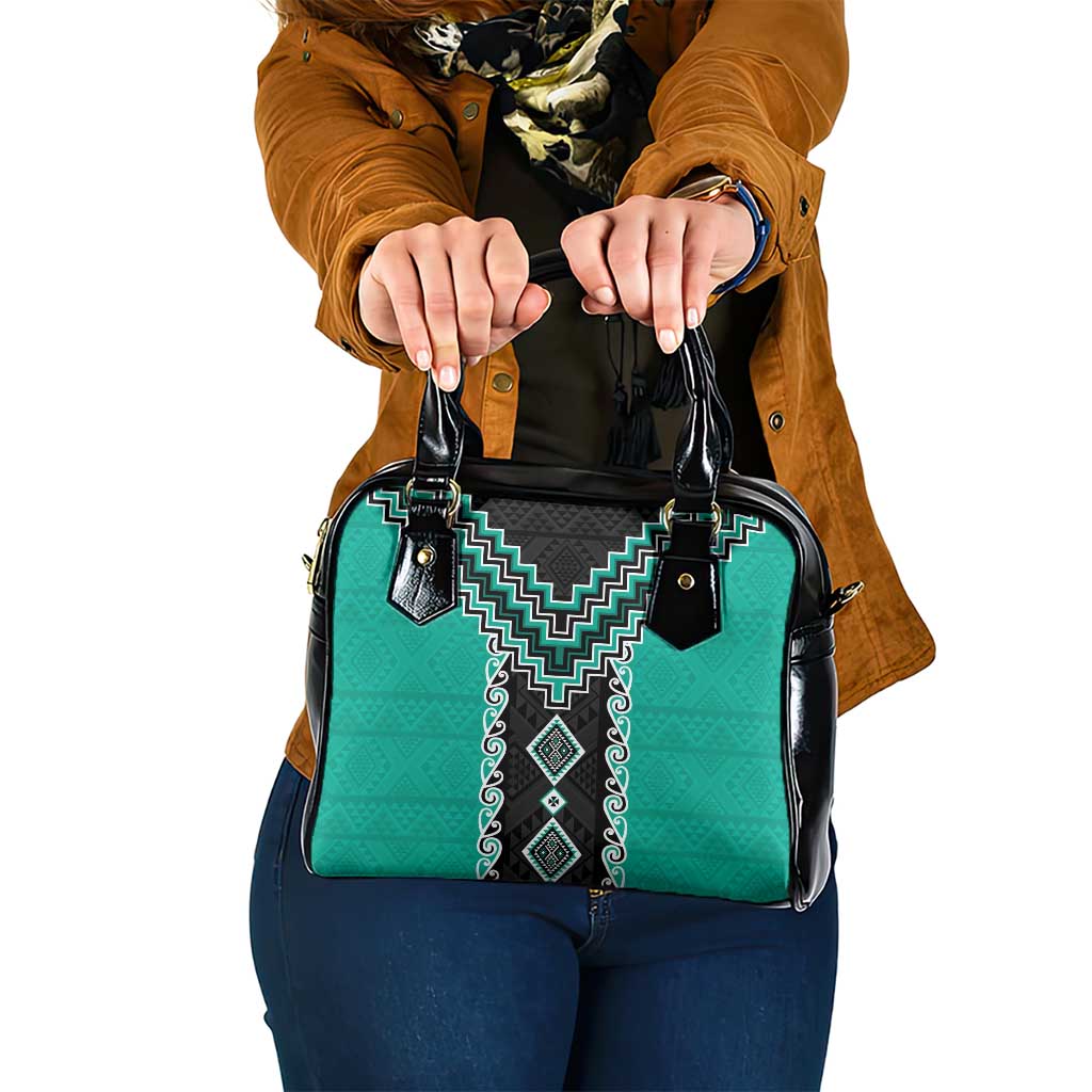 Teal Niho Taniwha Mix Poutama Shoulder Handbag Unique Taniko Aotearoa