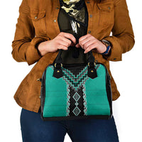 Teal Niho Taniwha Mix Poutama Shoulder Handbag Unique Taniko Aotearoa