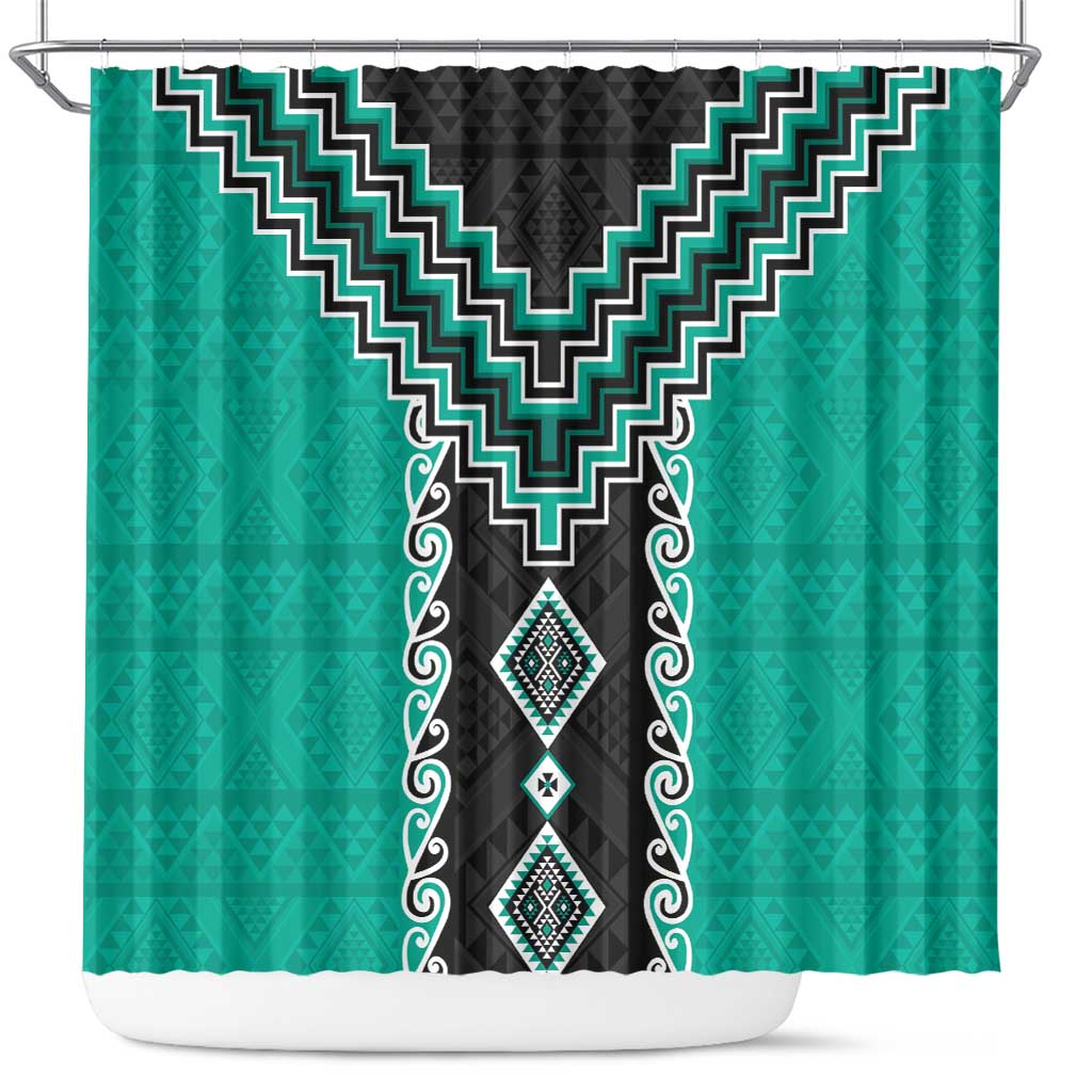 Teal Niho Taniwha Mix Poutama Shower Curtain Unique Taniko Aotearoa