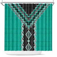 Teal Niho Taniwha Mix Poutama Shower Curtain Unique Taniko Aotearoa