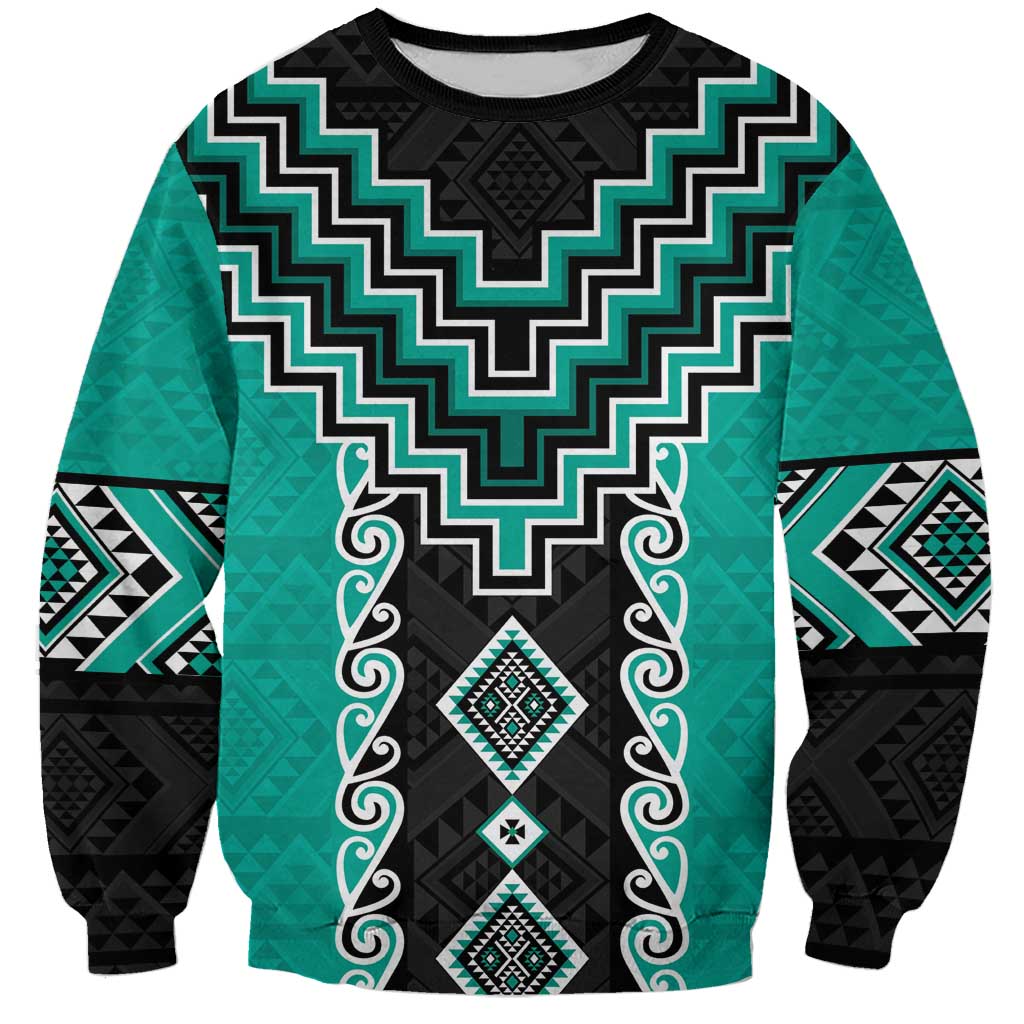 Teal Niho Taniwha Mix Poutama Sweatshirt Unique Taniko Aotearoa LT01 Unisex Teal - Polynesian Pride