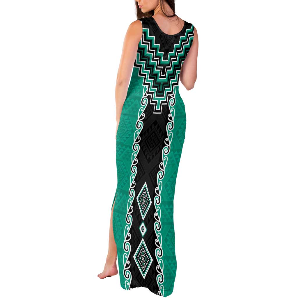 Teal Niho Taniwha Mix Poutama Tank Maxi Dress Unique Taniko Aotearoa