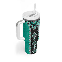 Teal Niho Taniwha Mix Poutama Tumbler With Handle Unique Taniko Aotearoa