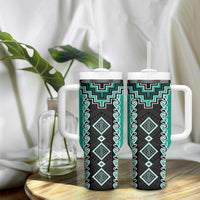 Teal Niho Taniwha Mix Poutama Tumbler With Handle Unique Taniko Aotearoa