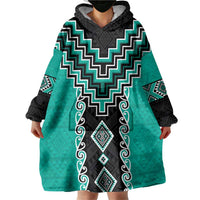 Teal Niho Taniwha Mix Poutama Wearable Blanket Hoodie Unique Taniko Aotearoa