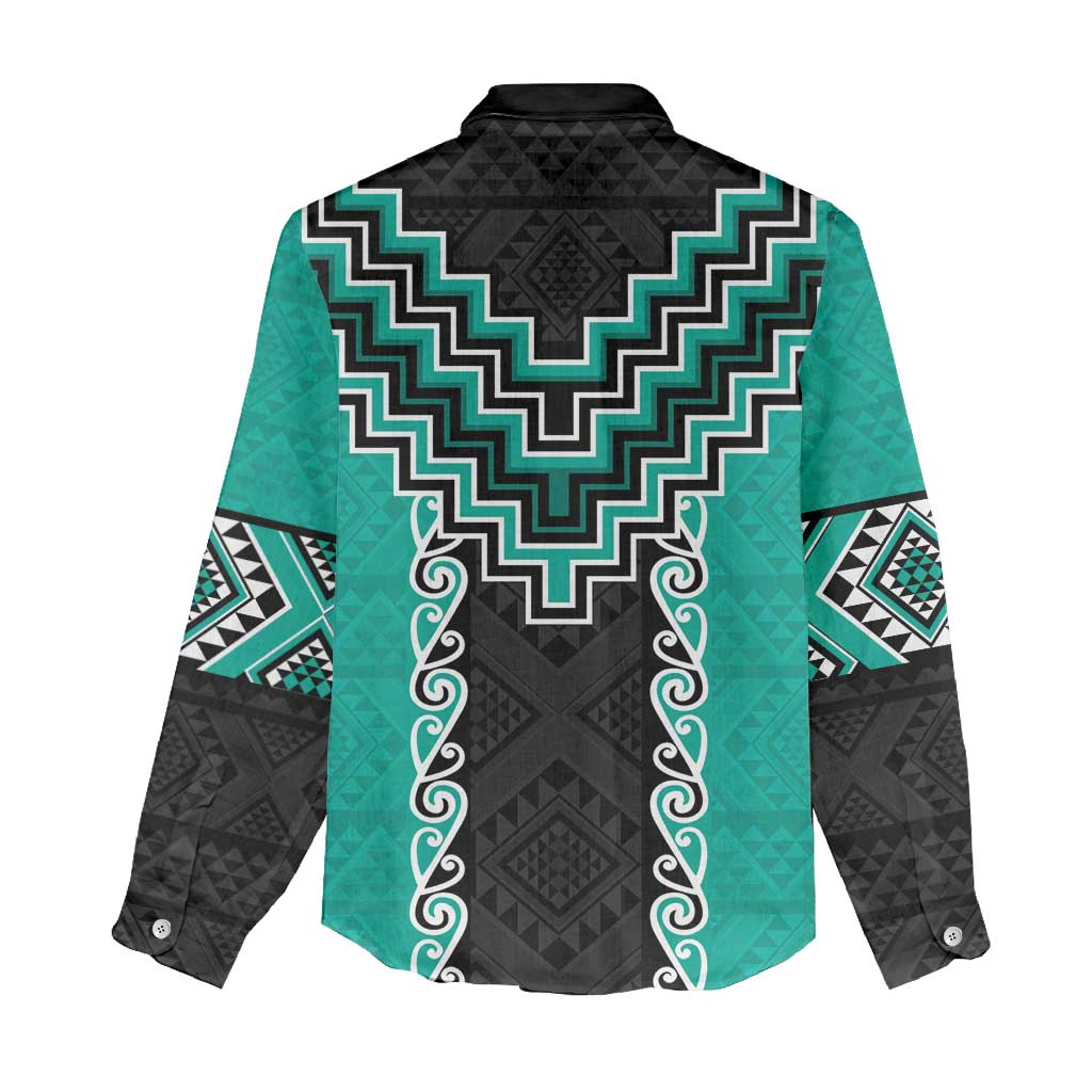 Teal Niho Taniwha Mix Poutama Women Casual Shirt Unique Taniko Aotearoa