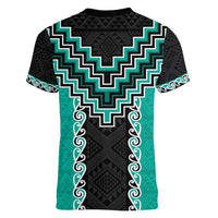 Teal Niho Taniwha Mix Poutama Women V-Neck T-Shirt Unique Taniko Aotearoa
