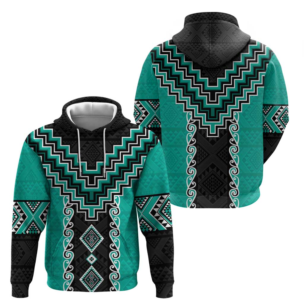 Teal Niho Taniwha Mix Poutama Zip Hoodie Unique Taniko Aotearoa