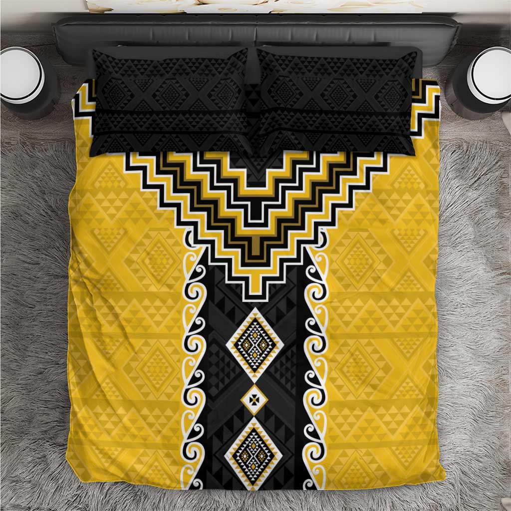 Yellow Niho Taniwha Mix Poutama Bedding Set Unique Taniko Aotearoa