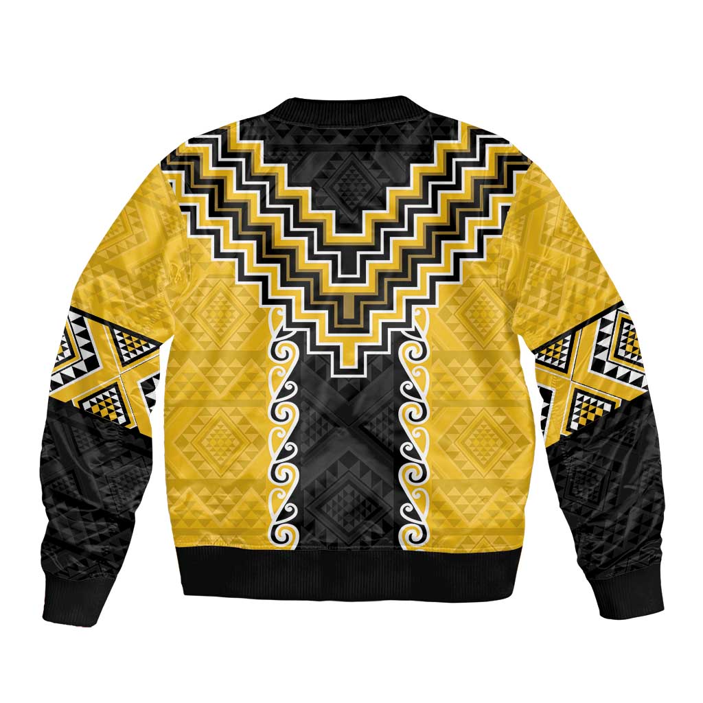Yellow Niho Taniwha Mix Poutama Bomber Jacket Unique Taniko Aotearoa