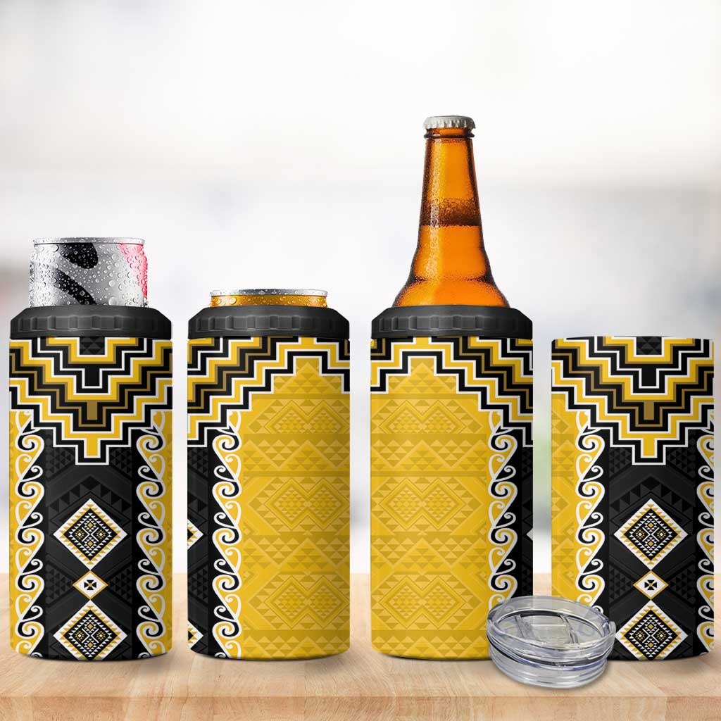 Yellow Niho Taniwha Mix Poutama 4 in 1 Can Cooler Tumbler Unique Taniko Aotearoa