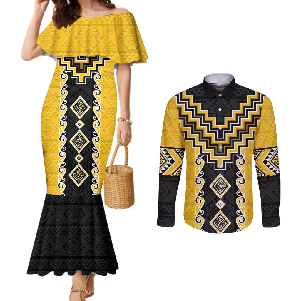 Yellow Niho Taniwha Mix Poutama Couples Matching Mermaid Dress and Long Sleeve Button Shirt Unique Taniko Aotearoa LT01 Yellow - Polynesian Pride