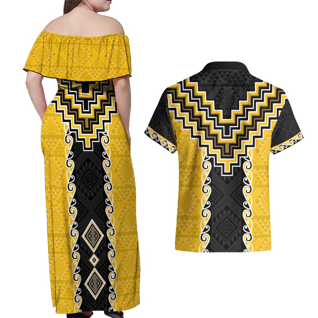 Yellow Niho Taniwha Mix Poutama Couples Matching Off Shoulder Maxi Dress and Hawaiian Shirt Unique Taniko Aotearoa