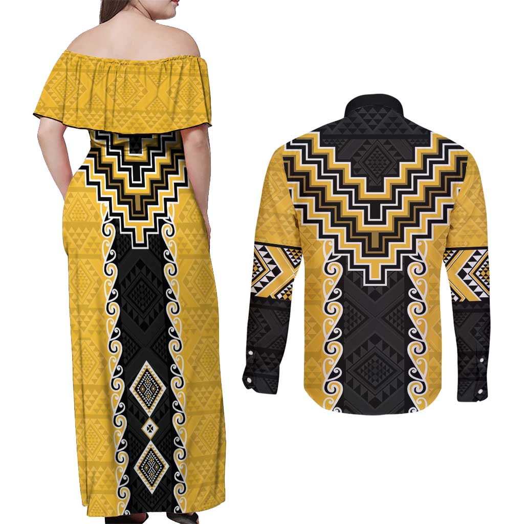 Yellow Niho Taniwha Mix Poutama Couples Matching Off Shoulder Maxi Dress and Long Sleeve Button Shirt Unique Taniko Aotearoa