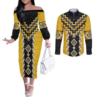Yellow Niho Taniwha Mix Poutama Couples Matching Off The Shoulder Long Sleeve Dress and Long Sleeve Button Shirt Unique Taniko Aotearoa