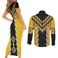 Yellow Niho Taniwha Mix Poutama Couples Matching Short Sleeve Bodycon Dress and Long Sleeve Button Shirt Unique Taniko Aotearoa