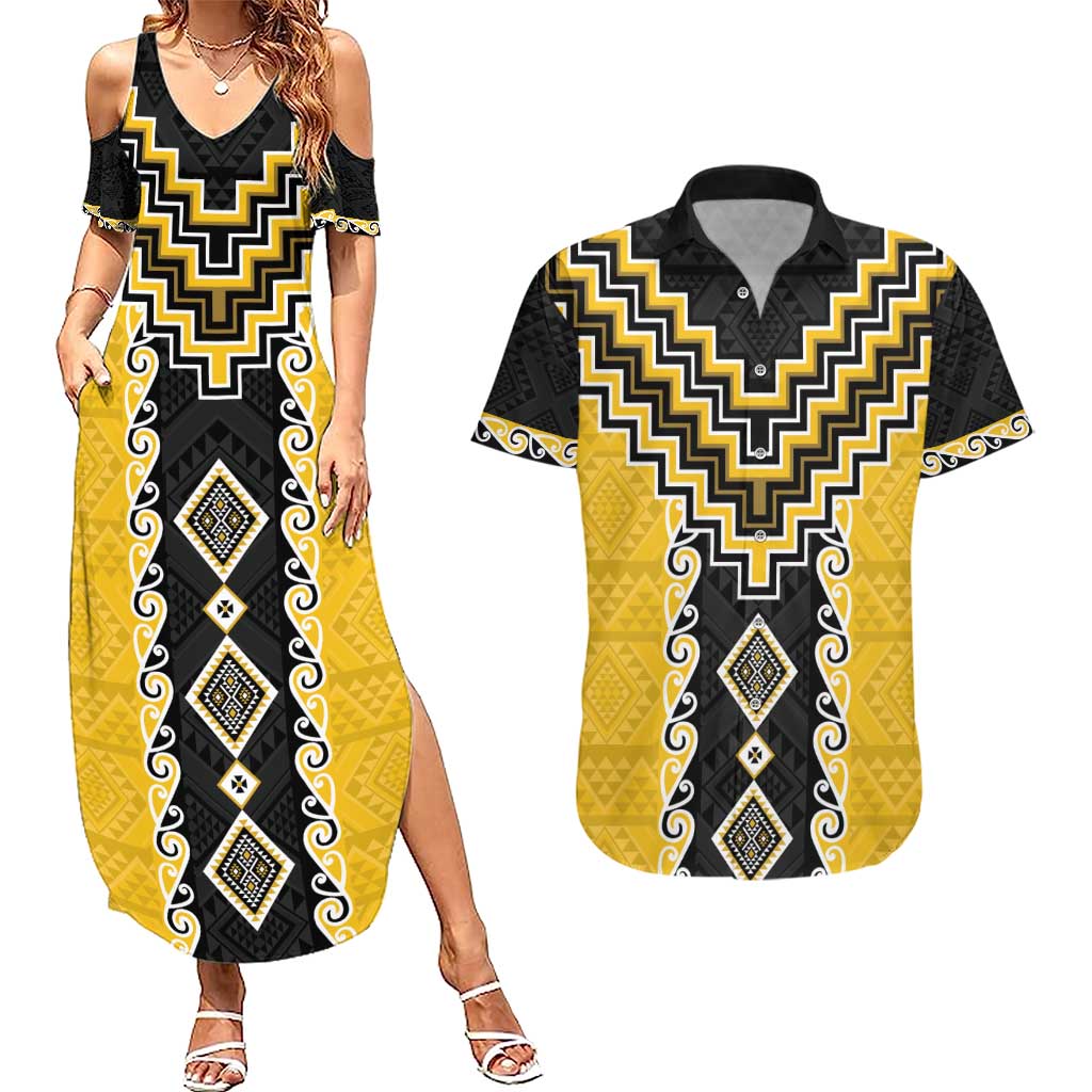 Yellow Niho Taniwha Mix Poutama Couples Matching Summer Maxi Dress and Hawaiian Shirt Unique Taniko Aotearoa