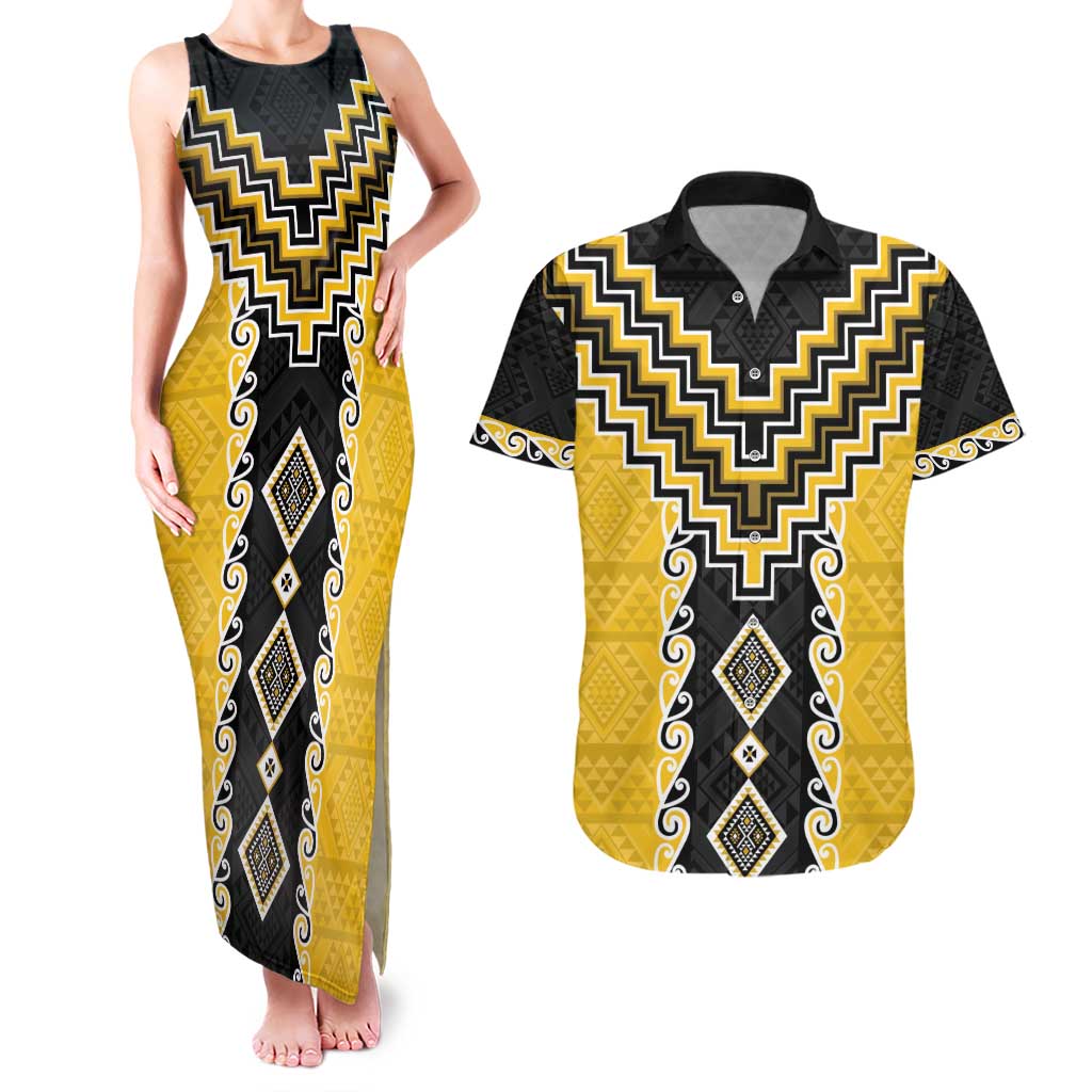 Yellow Niho Taniwha Mix Poutama Couples Matching Tank Maxi Dress and Hawaiian Shirt Unique Taniko Aotearoa