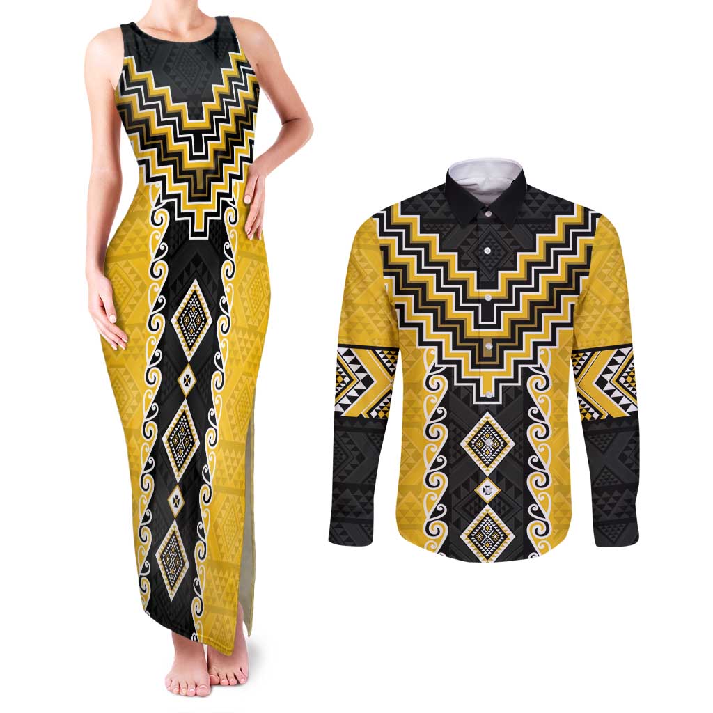 Yellow Niho Taniwha Mix Poutama Couples Matching Tank Maxi Dress and Long Sleeve Button Shirt Unique Taniko Aotearoa
