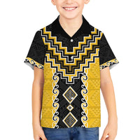 Yellow Niho Taniwha Mix Poutama Family Matching Off The Shoulder Long Sleeve Dress and Hawaiian Shirt Unique Taniko Aotearoa