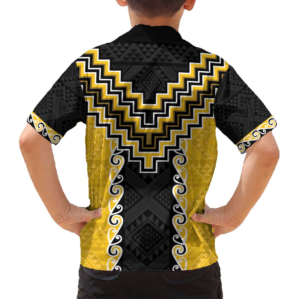 Yellow Niho Taniwha Mix Poutama Family Matching Puletasi and Hawaiian Shirt Unique Taniko Aotearoa