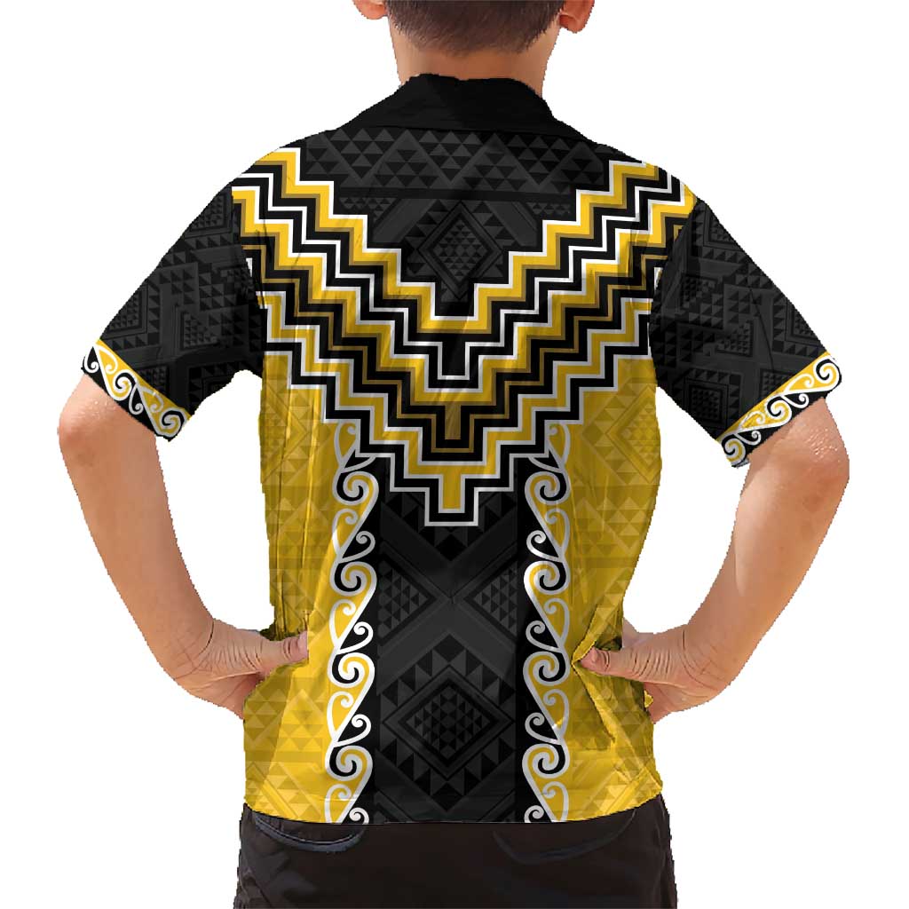 Yellow Niho Taniwha Mix Poutama Family Matching Short Sleeve Bodycon Dress and Hawaiian Shirt Unique Taniko Aotearoa