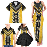 Yellow Niho Taniwha Mix Poutama Family Matching Tank Maxi Dress and Hawaiian Shirt Unique Taniko Aotearoa