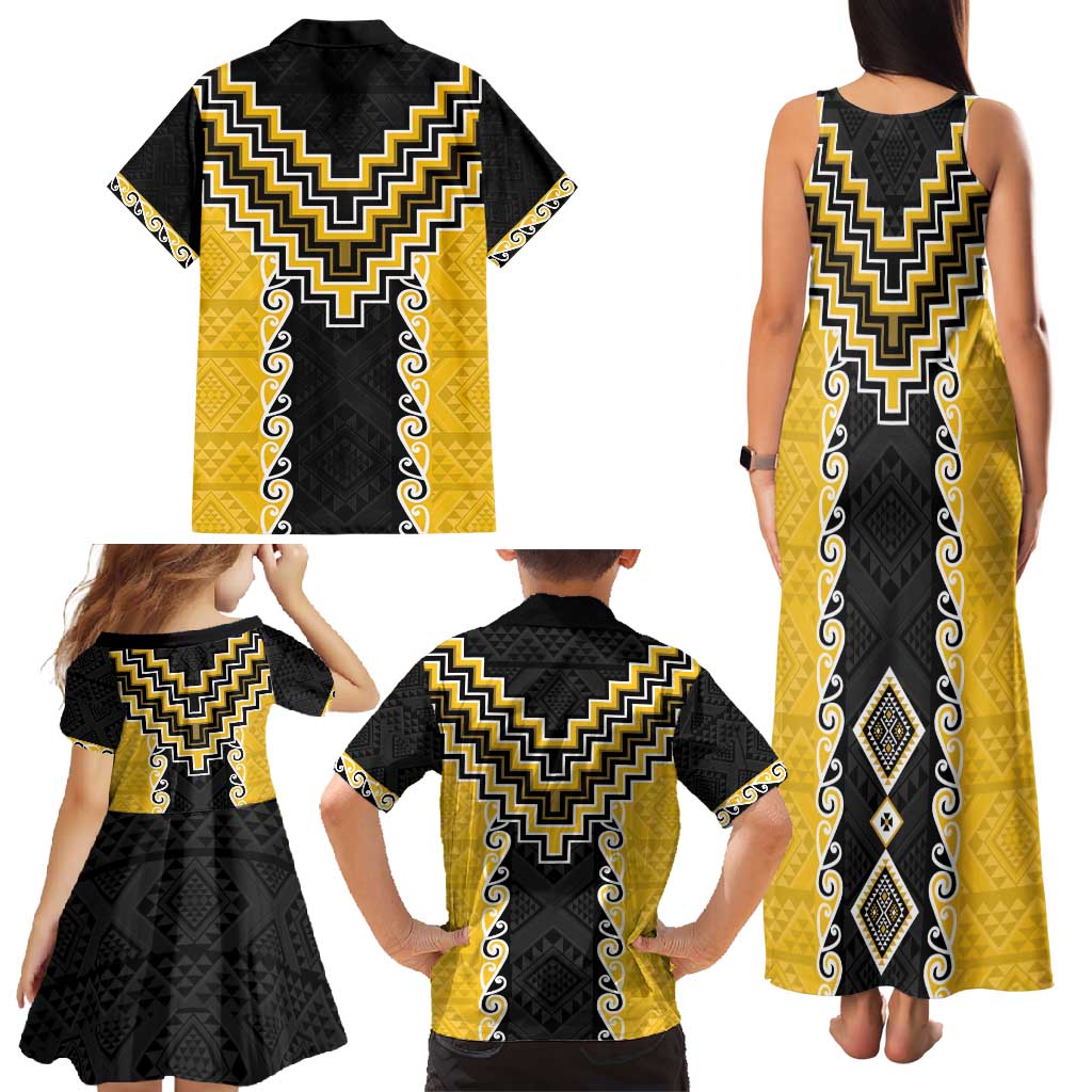 Yellow Niho Taniwha Mix Poutama Family Matching Tank Maxi Dress and Hawaiian Shirt Unique Taniko Aotearoa