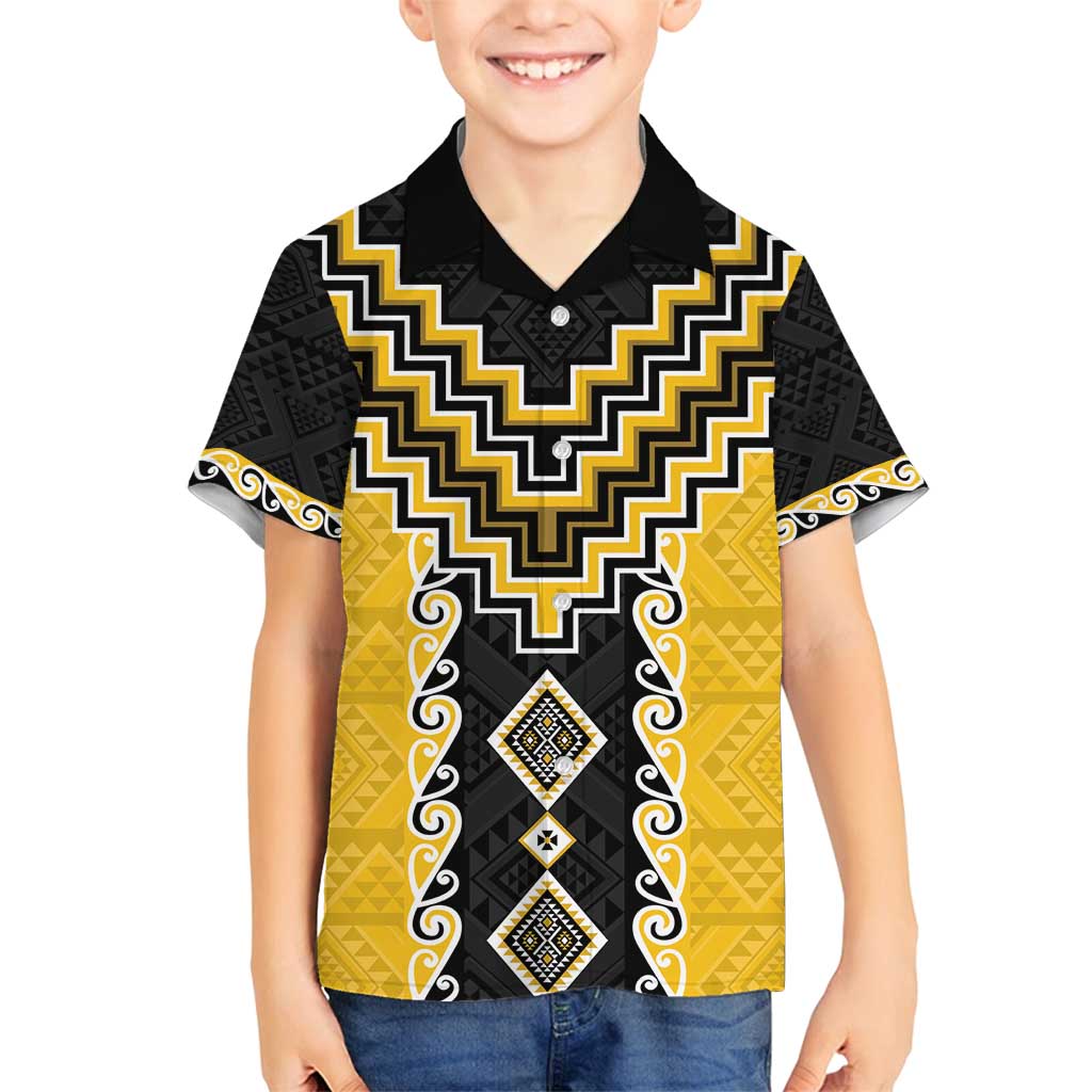 Yellow Niho Taniwha Mix Poutama Family Matching Tank Maxi Dress and Hawaiian Shirt Unique Taniko Aotearoa