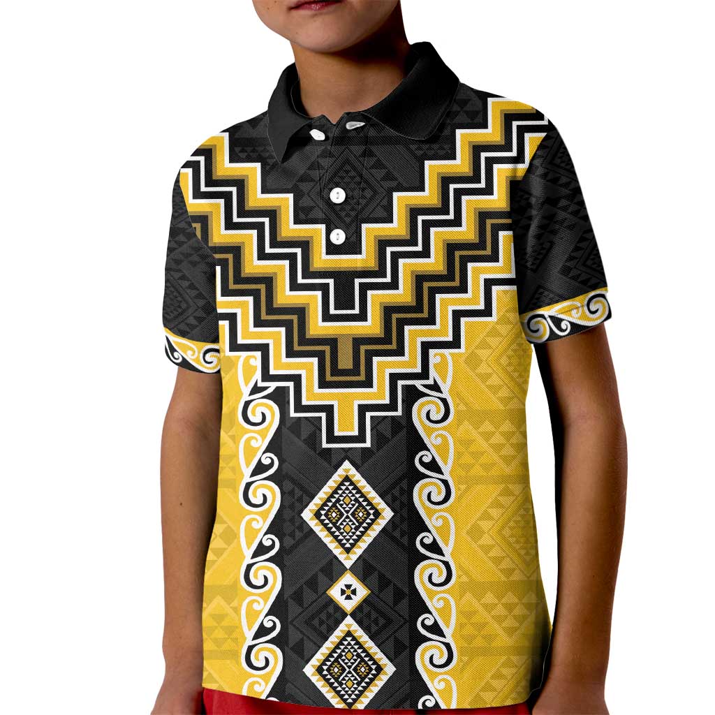 Yellow Niho Taniwha Mix Poutama Kid Polo Shirt Unique Taniko Aotearoa LT01 Kid Yellow - Polynesian Pride