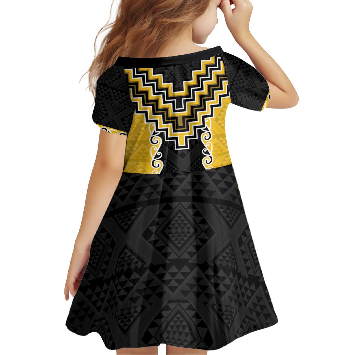 Yellow Niho Taniwha Mix Poutama Kid Short Sleeve Dress Unique Taniko Aotearoa