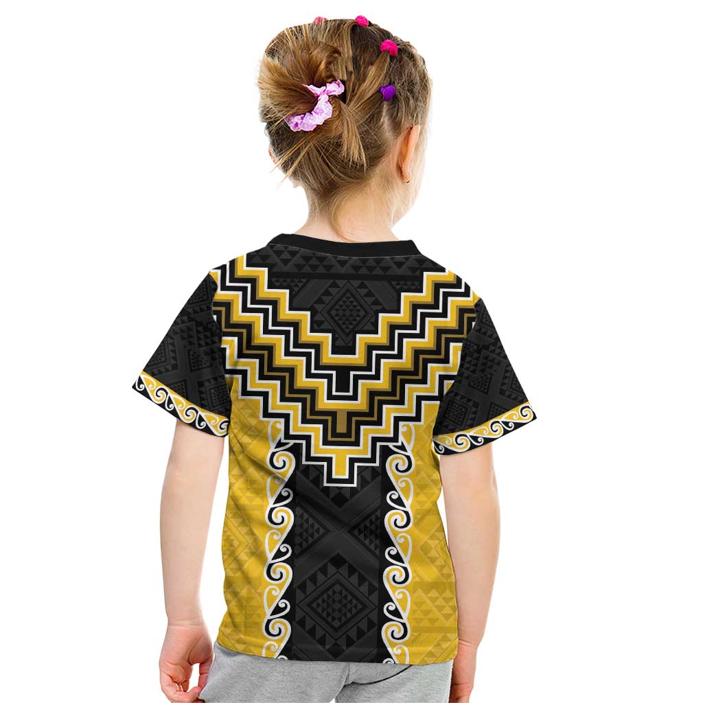 Yellow Niho Taniwha Mix Poutama Kid T Shirt Unique Taniko Aotearoa