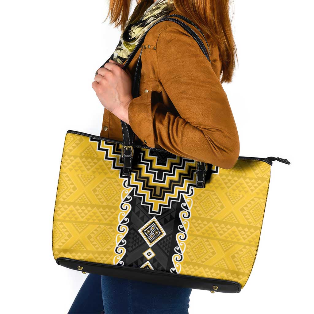 Yellow Niho Taniwha Mix Poutama Leather Tote Bag Unique Taniko Aotearoa