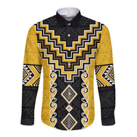 Yellow Niho Taniwha Mix Poutama Long Sleeve Button Shirt Unique Taniko Aotearoa
